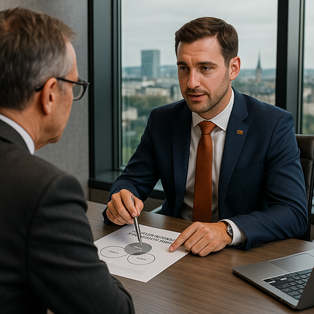 Conseiller expliquant une strategie financiere a un dirigeant
